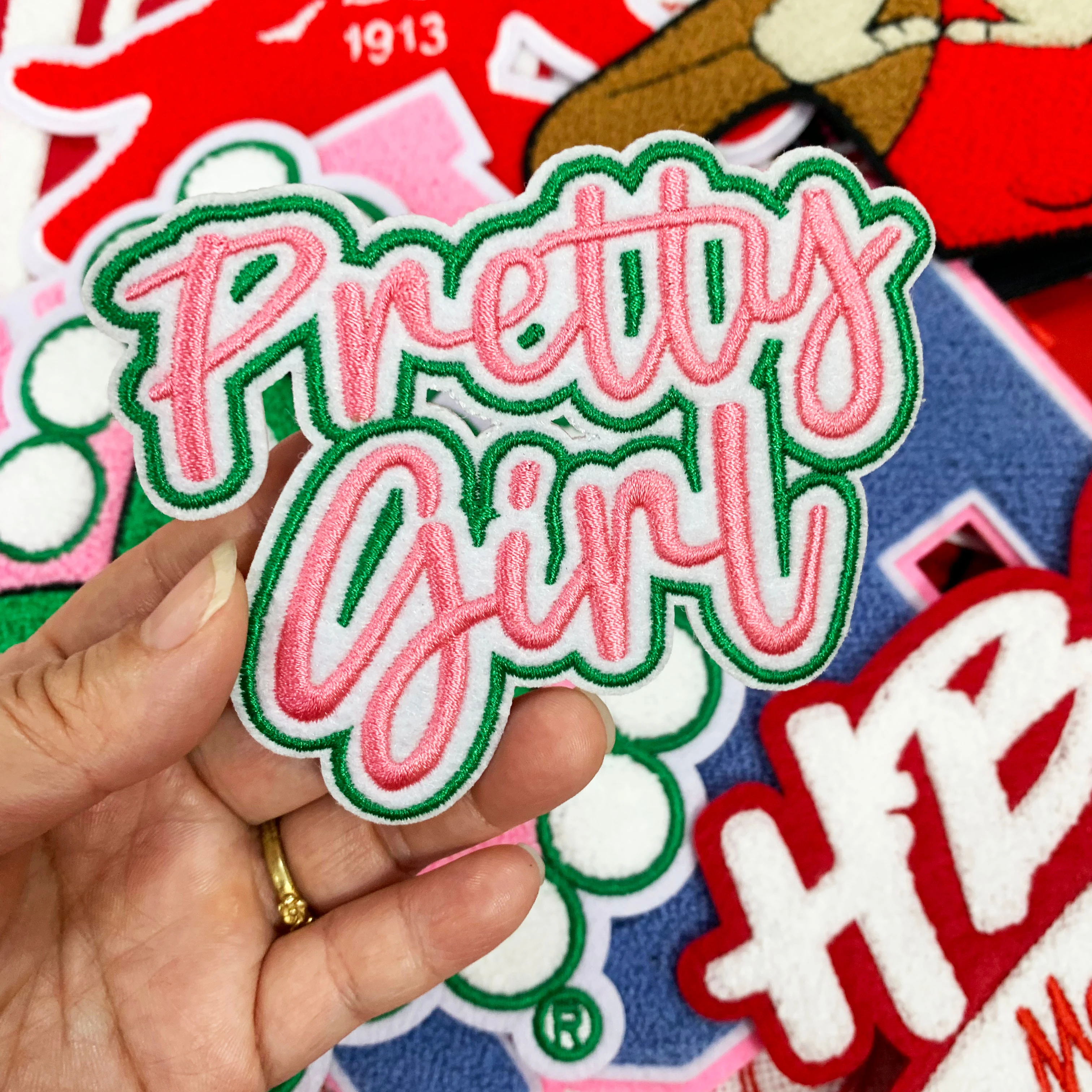 Iron on  Sorority Patches Custom Pretty Girl Delta Shield Red and White Embroidery Logo Patches for Clothing