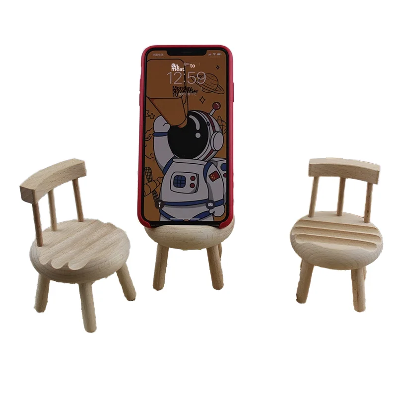Wholesale Solid Beech Wooden Chairs Stools Mobile Phone Holder Tiktok Creative Lazy Tablet Stand Office Decor Accessories