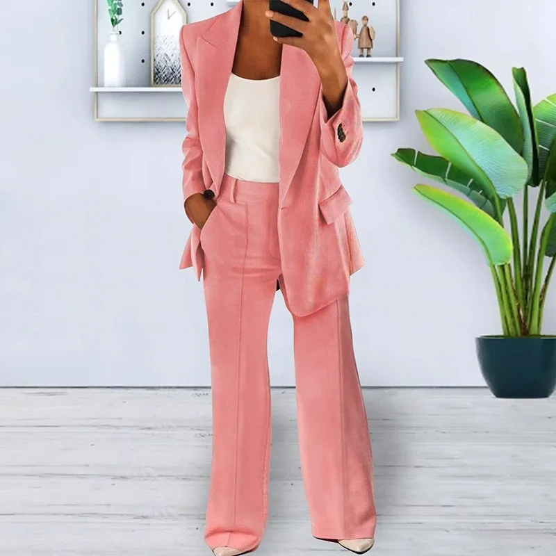 Women's Vintage Blazer Jacket and Pants Single-Button Long Sleeve Office Lady Outerwear Plus Size Business Suits 2 Piece Set
