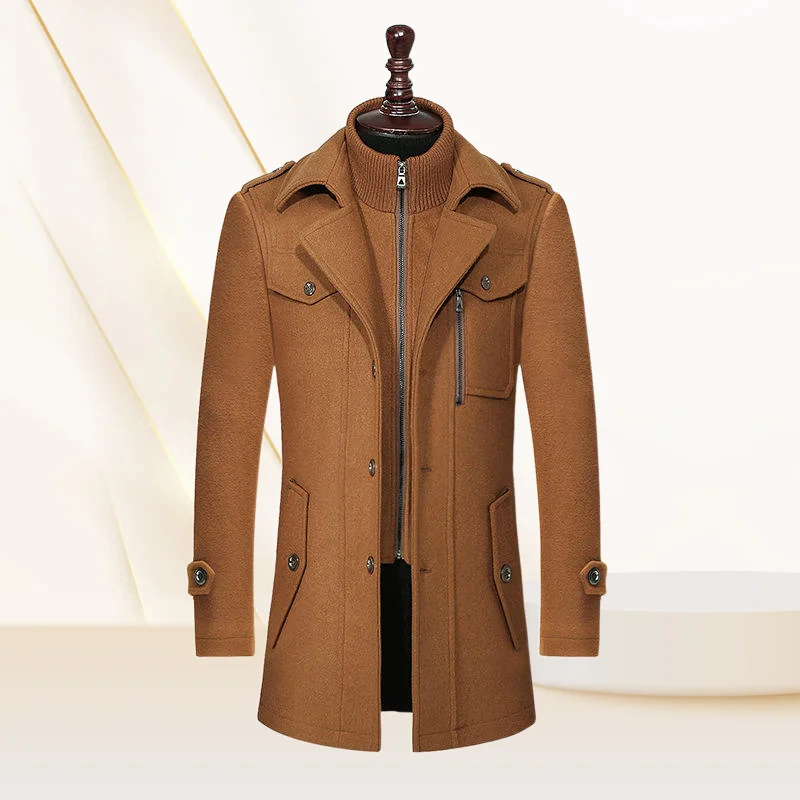 Autumn and Winter Fashion Double Collar Vertical Zipper Standard Men's Business Long Tweed Coat