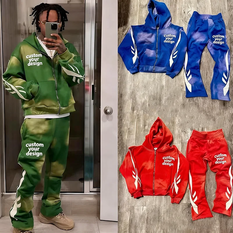 Custom Acid Wash Sweat Suits Thick Zip up Applique Embroidery Patch Flared Full Tracksuits Hoodies and Sweatpants Sets for Men
