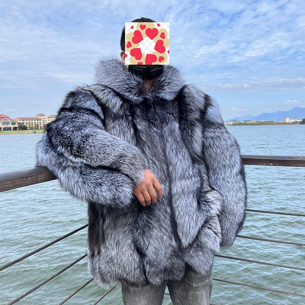 2024 Men Winter Warm Fur Coat Real Silver Fox Fur Long Coat With Bigger Hood and Top Quality Gentlemen Luxury Fox Fur Jacket
