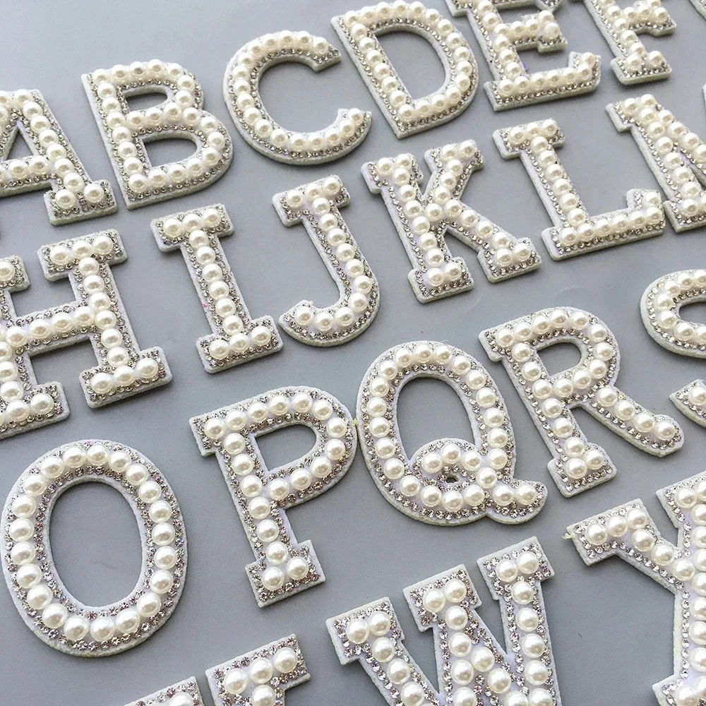 Diy Pearl Rhinestone Words Iron on Letter Patches Pearl Alphabet Letter Patch for Hat