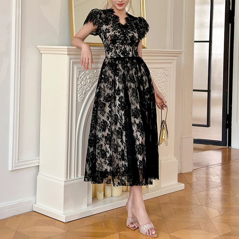 ZYHT 21686 Black Woven Natural Waist Floral Lace Midi Dress V-Neck Short Flutter Sleeves A-Line Mother Bride Washable