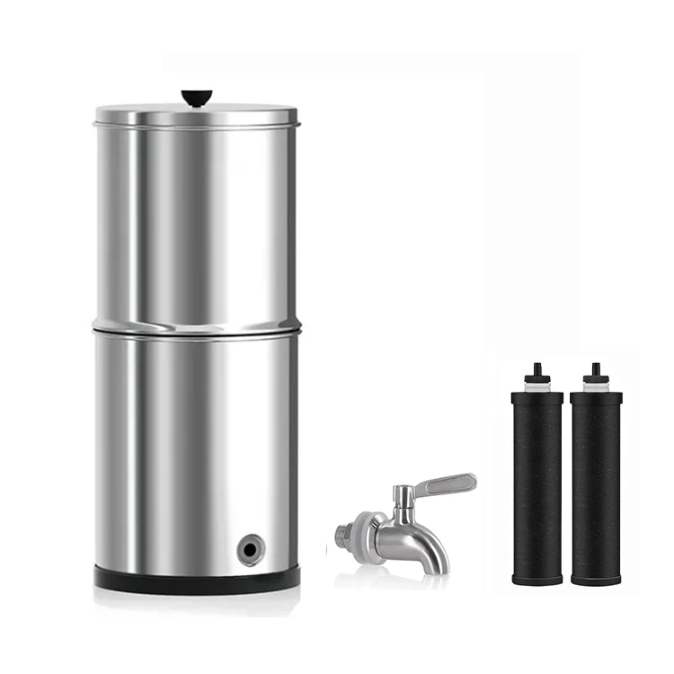 1.5G Stainless Steel Gravity-Fed Water Filter System with 2 Black Purification Filter and Metal Spigot for Home Camping Outdoor