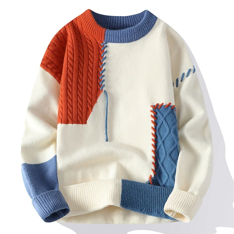 Winter Fall Men's Sweaters Plus Size Crew Neck Men Pullover Jacquard Loose Knitted Sweater