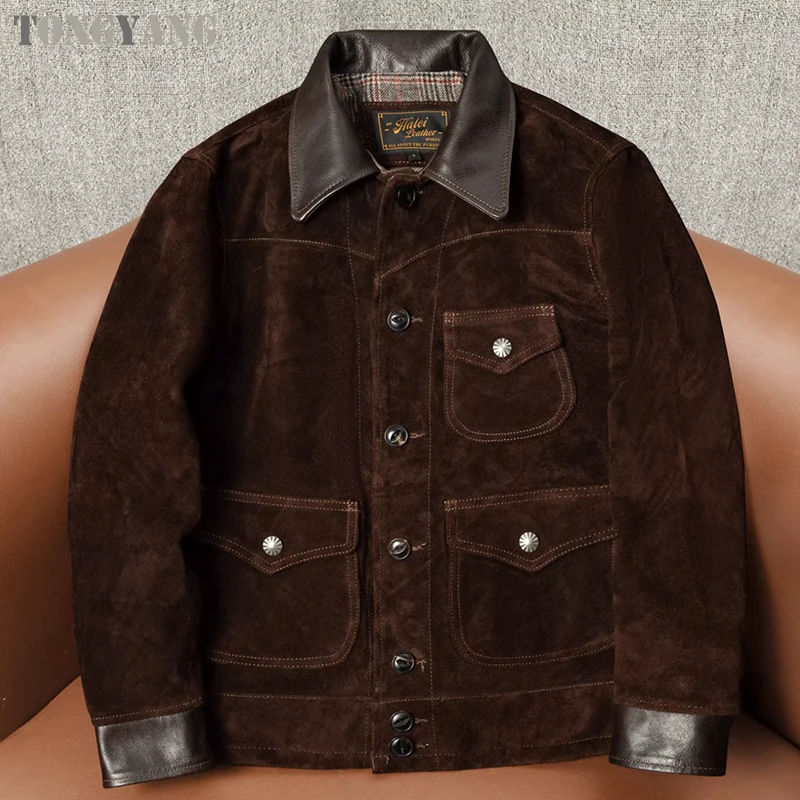 TONGYANG Men's Classic Vintage Genuine Leather Jacket American Retro Suede Jacket Men's Lapel Cropped Real Cowhide Coats
