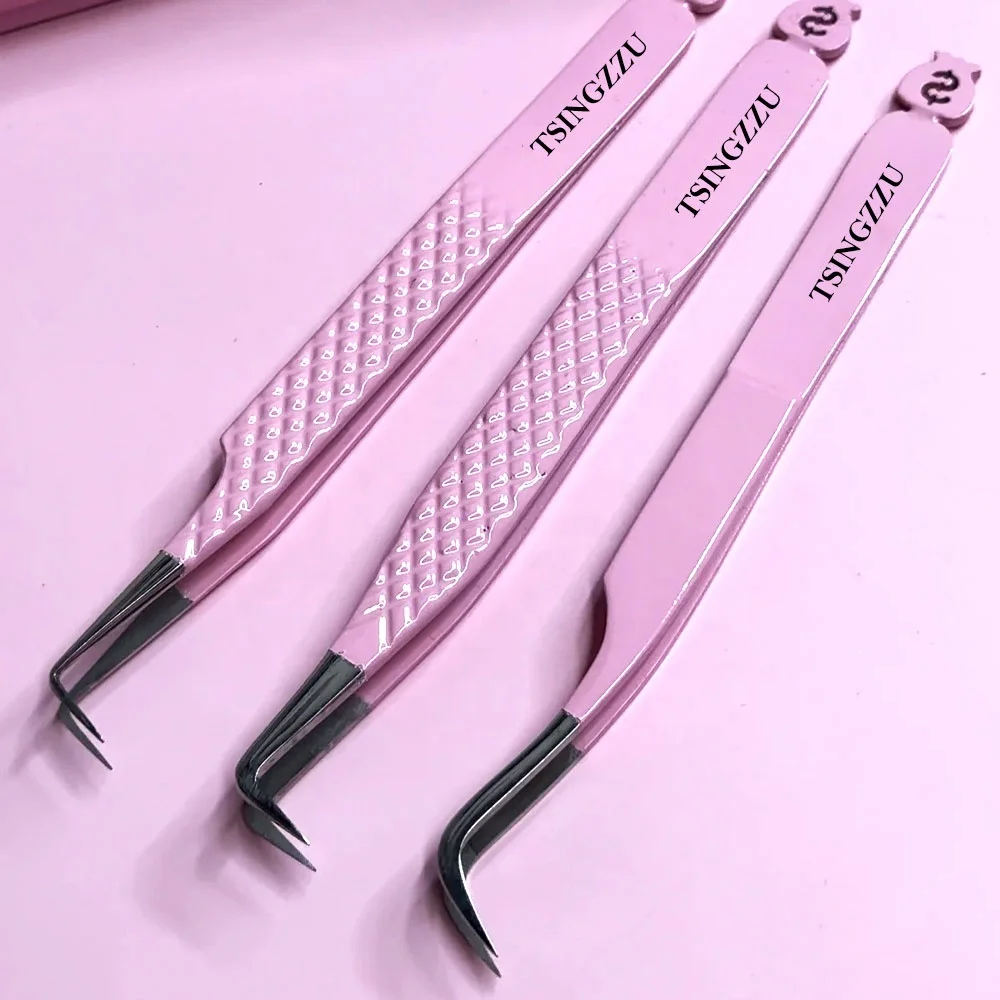 1 Pcs Eyelash Tweezers Extension Pink Stainless Steel Super Hard Tweezers With Fiber Tips High Precision Anti-Static Tweezers