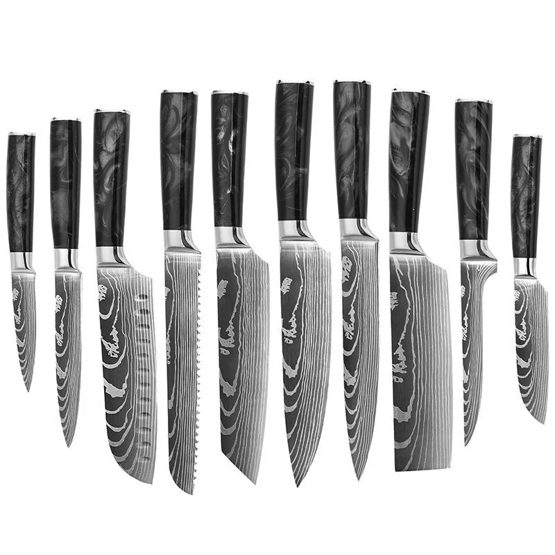 's Best-Selling Cross-Border Damascus Pattern Chef's Knife Japanese-Style Stainless Steel Sharp 10-Piece Set Serrated