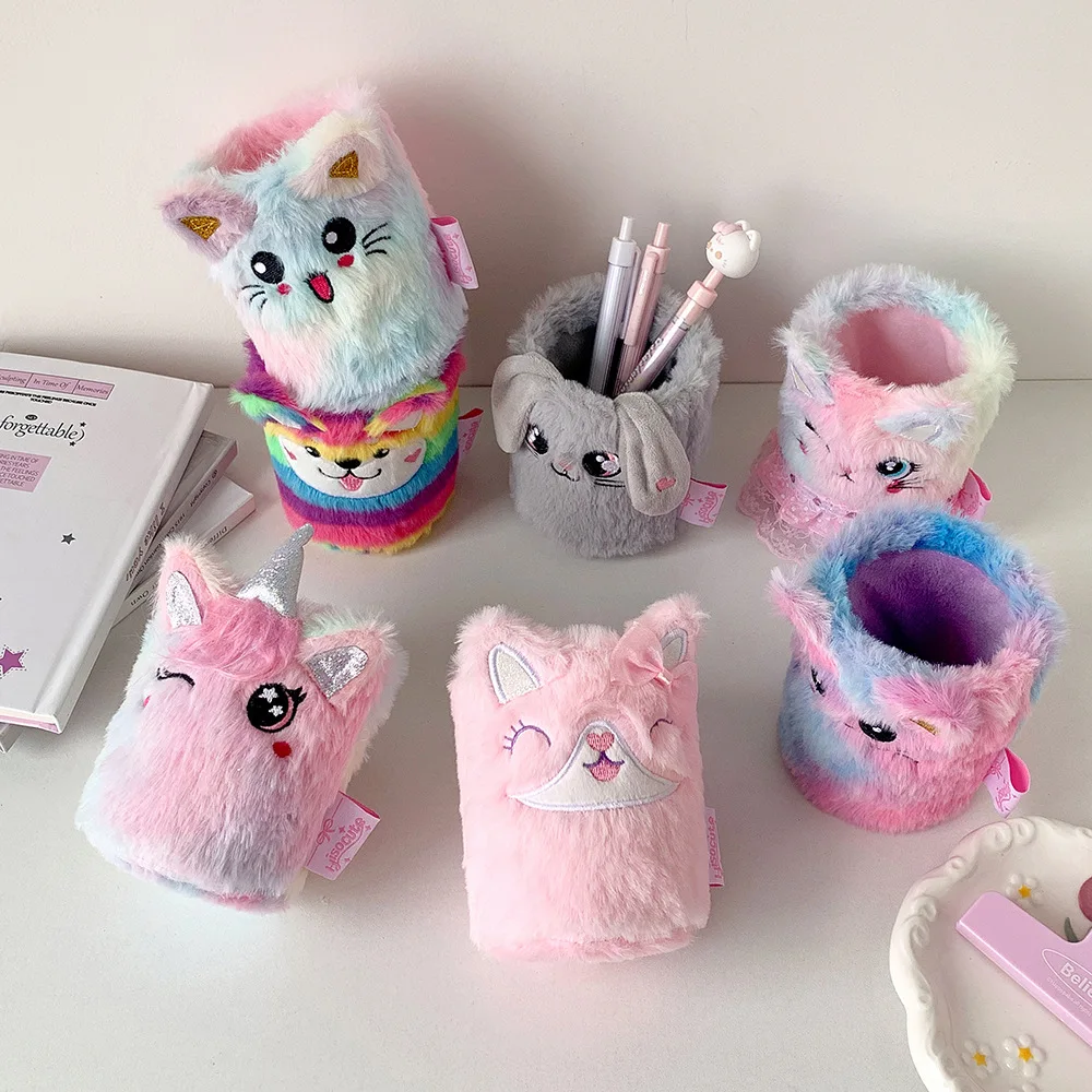 (Wholesale)Cute Girl Small Animal Digital Printing Plush Pen Holder for Student Dormitory Desktop Stationery Storage Gift