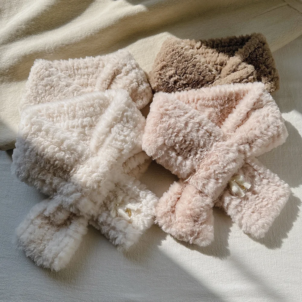 Winter Elegant Women Cute Long Plush Scarf Cross Fur Collar Bow All-Match New Style Adults Rabbits Type Warm