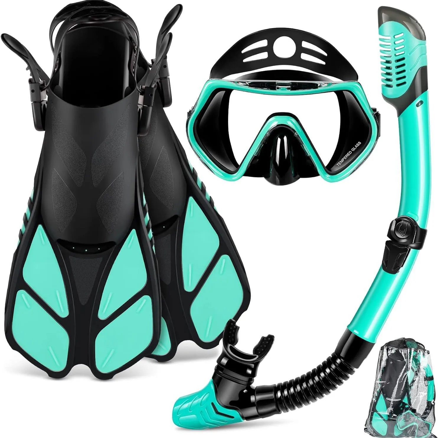 Snorkeling Kit With Tempered Glass Mask All Dry Snorkel Adjustable Fins Adult Size Sm Ml Xl Emerald Blue