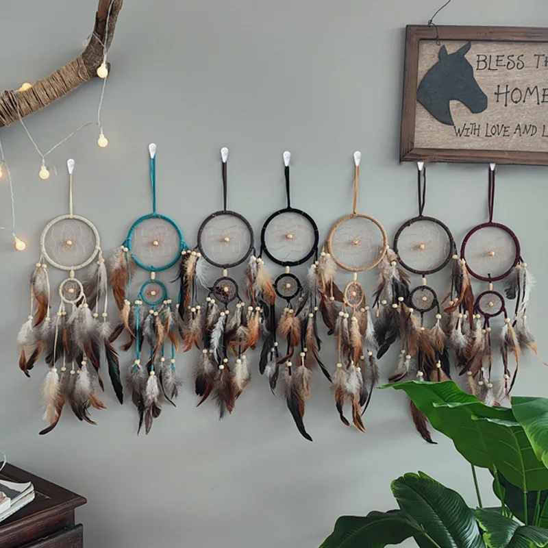 1 Pc Indian Dream Catcher with Brown Feathers - Wall Hanging Dream Catcher Bedroom Accessories Wind Chime Dream Catcher