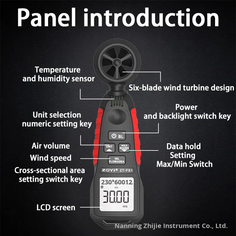 Zhongyi ZT-FS1 Handheld Digital Anemometer High Precision Wind Speed Meter Measuring Wind Volume Wind Power Temperature Humidity