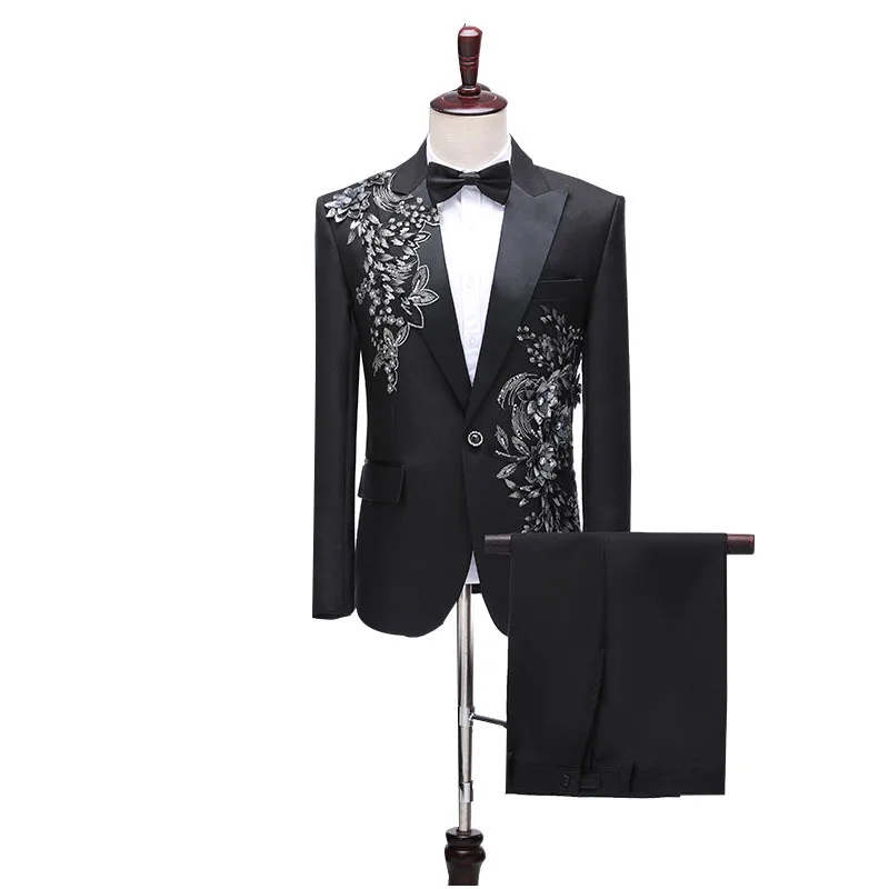 Shiny Long Sleeve Floral Sequins Male Coat Suits Jacket Pants Plus Size Stage Club Party Prom Wedding Men Blazers Outfit Sets