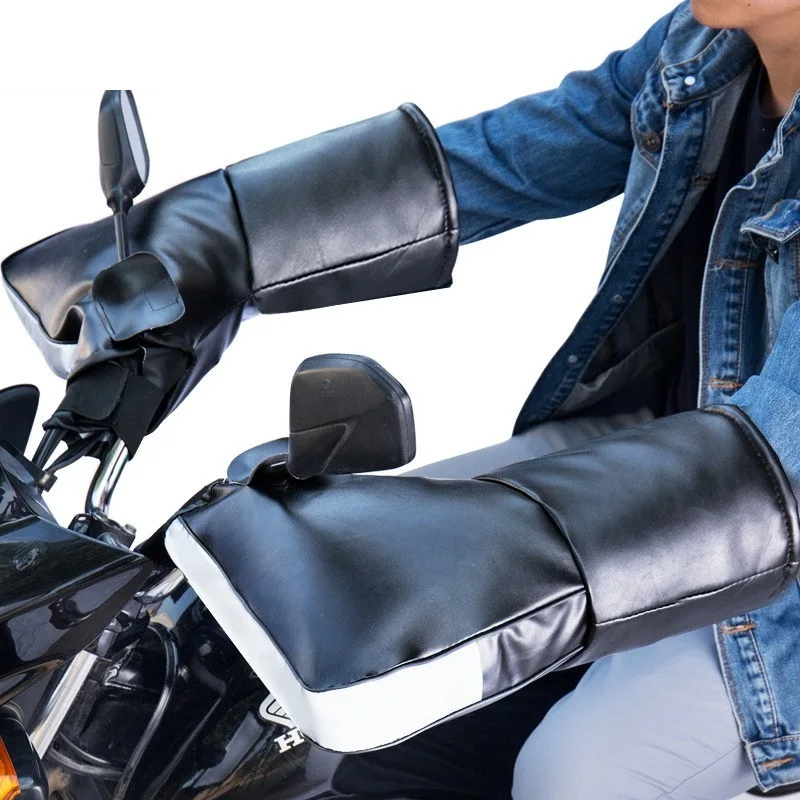 PU Leather Winter Hand Warm Waterproof Motorcycle Handlebar Cover Muff Mitt Glove Mitten with Reflective Strip for Riding