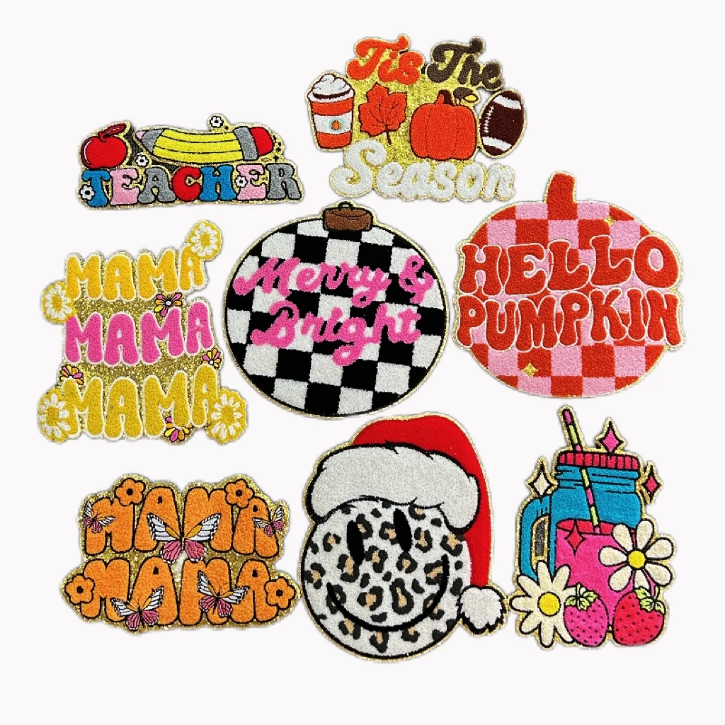 Merry Bright Large Size Iron-On Game Day Fabric Patch Custom Embroidered Chenille Letter Decor for Garments Holiday Chenille