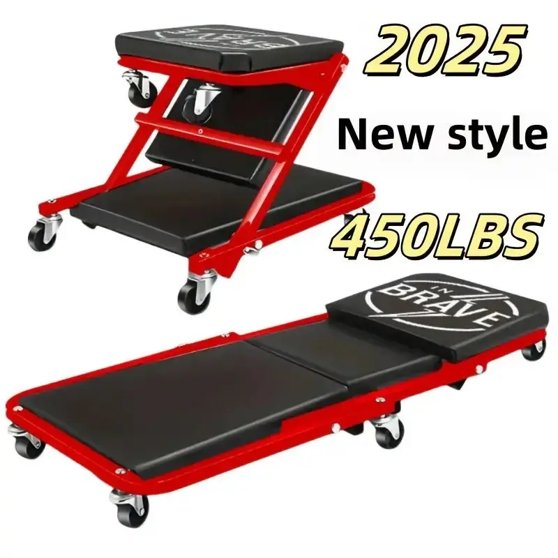 36-Inch Adjustable Foldable 6-Wheel Rolling Seat 450 Lbs Capacity Red Black 3-1 Mechanical Creeper Repair Body Repair Equipment