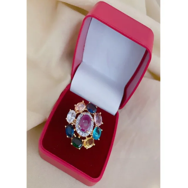 Beautiful Trendy Designer Brass Gold Plated Adjustable Ring Crystal Rhinestone Best Quality Jadau Function Party Wedding Wear