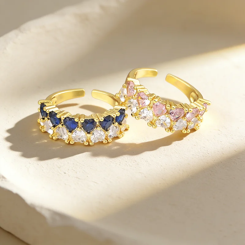 QIKU Exquisite Heart Shape 3 Color Shiny Rhinestone Rings Opening Adjustable Jewelry 18K Gold Plated Copper Zircon Women Luxury