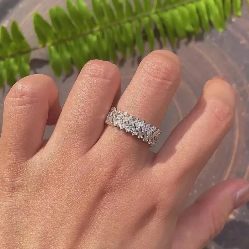 Baguette Crystal Rhinestone Lab Created Unisex Geometric Eternity Band Iced Stackable 18K Gold Plated Silver Streetsyle Ring