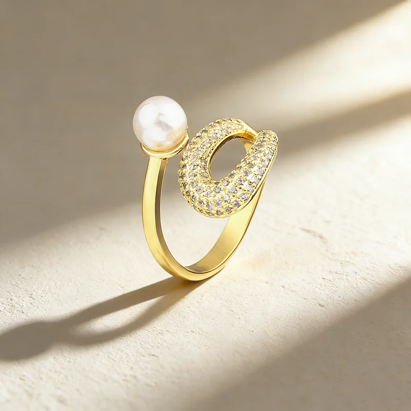 QIKU Exquisite Pearl Geometric Luxury Rhinestone Copper Zircon Women Opening Adjustable Rings Engagement Anniversary Trendy Gift