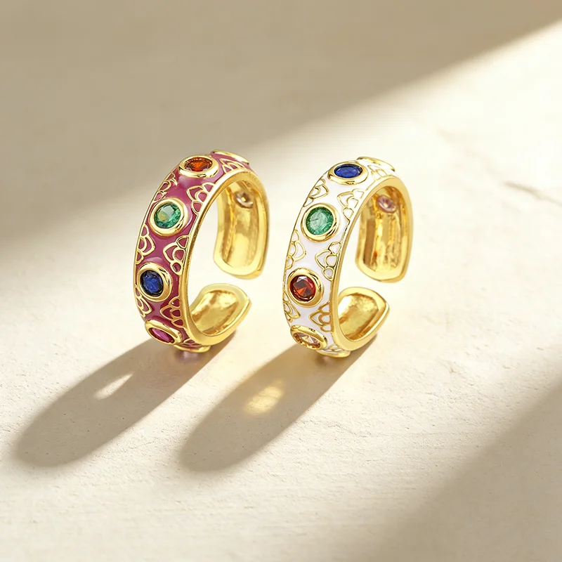 QIKU Wholesale INS Popular Rainbow Rhinestone Oil Droplet Ring Women Fashion Opening Adjustable Jewelry Party Accessories