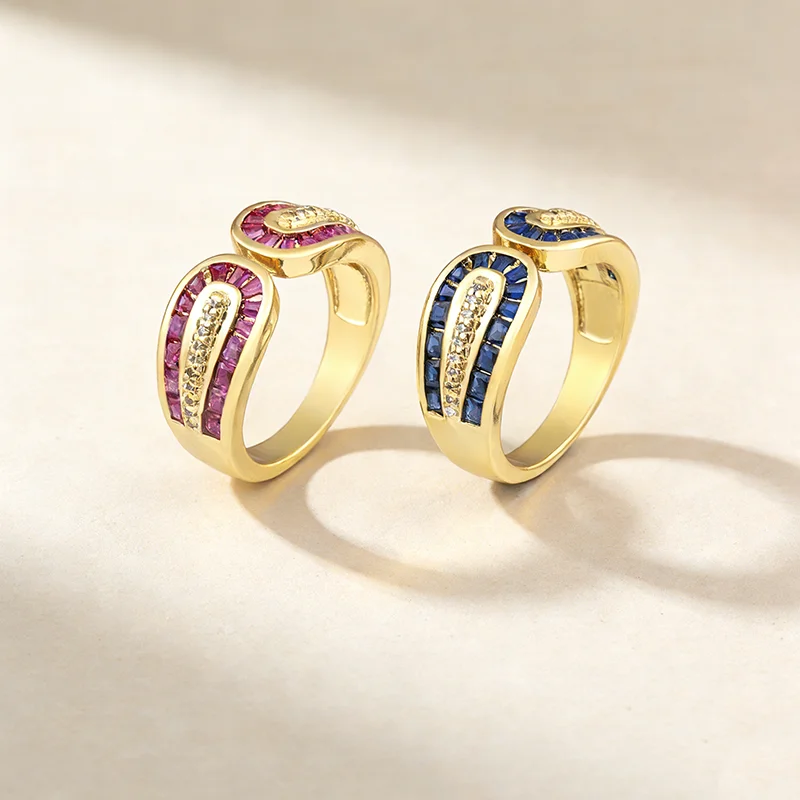 QIKU Copper 18K Gold Plated Geometric Rainbow Rhinestone Personality Opening Rings Cubic Zircon Charm Adjustable High Quality