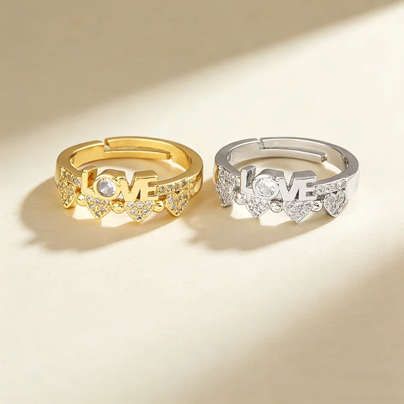 QIKU Love Letter Heart Shape Opening Adjustable Rings Exquisite Rhinestone Copper Zircon Women Party Birthday Anniversary Gift