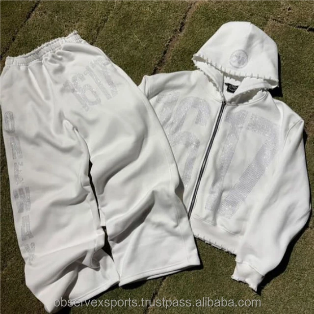 Custom Heavyweight Zip Rhinestone Distressed Applique Embroidery Patch Winter Streetwear Acid Washed Sun Faded Hooded 100%