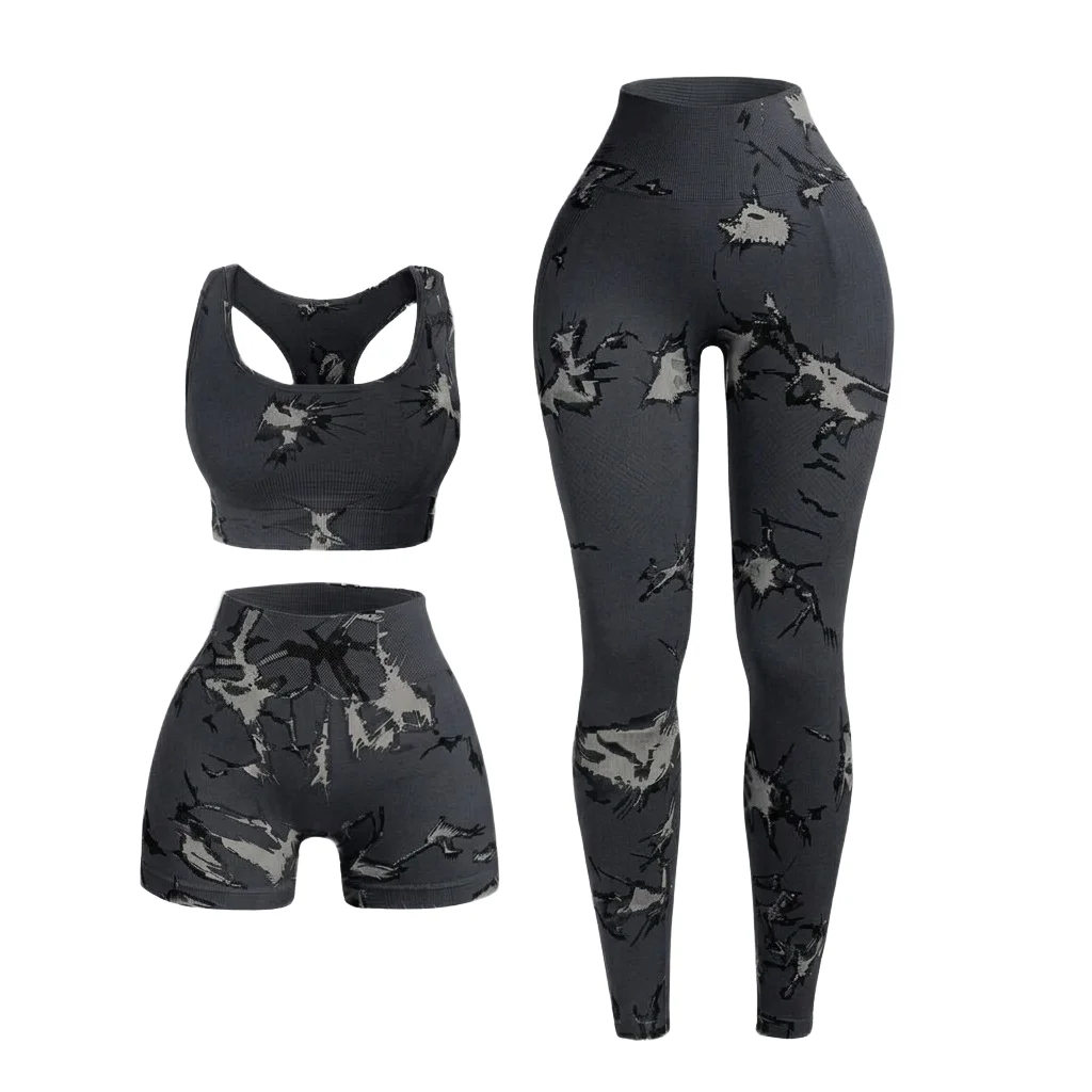 Custom Private Label 3 Piece Fitness Set Women Seamless Orange Patterned Yoga Clothing High Elasticity Training Apparel